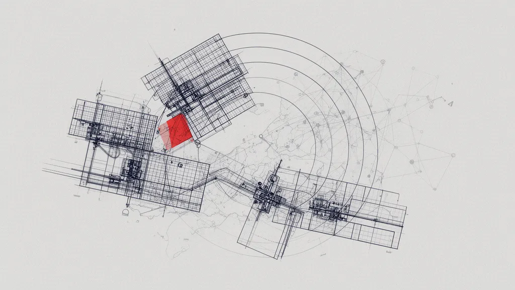 Abstract technical illustration: overlapping satellite-imagery grids, sensor sweep arcs and a faint logistics network