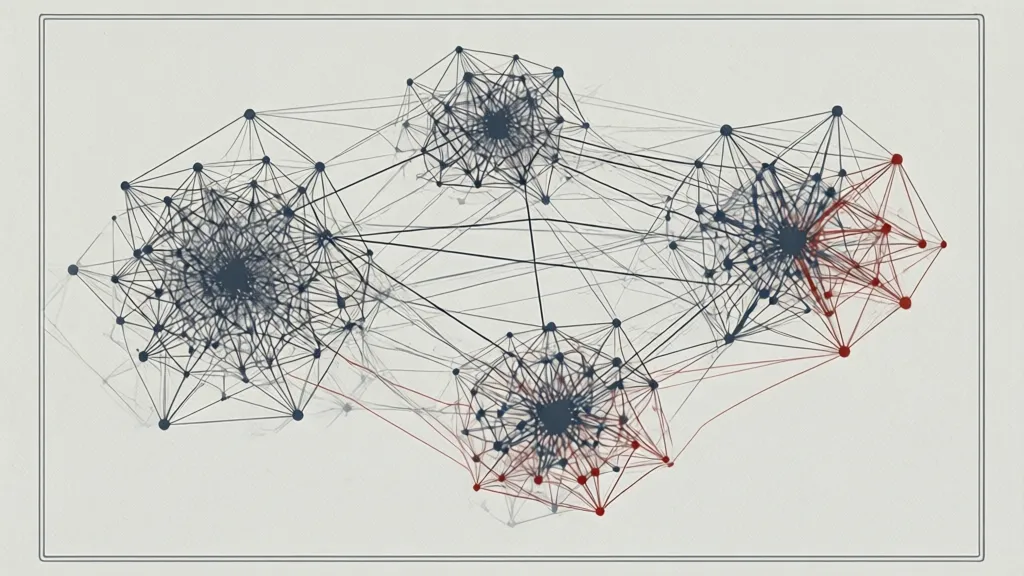 Abstract supply-chain map: four clusters of differing density, one deliberately faint and unbounded at the frame edge